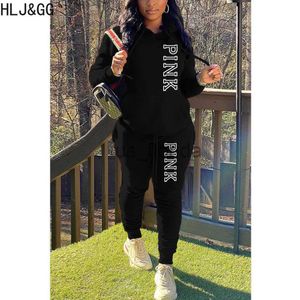 Tweedelige damesbroek HLJ GG Herfst Winter PINK Letter Print Tweedelige sets met capuchon Dames Sweatshirt met lange mouwen en joggingbroek Trainingspak Outfit Winter J230703