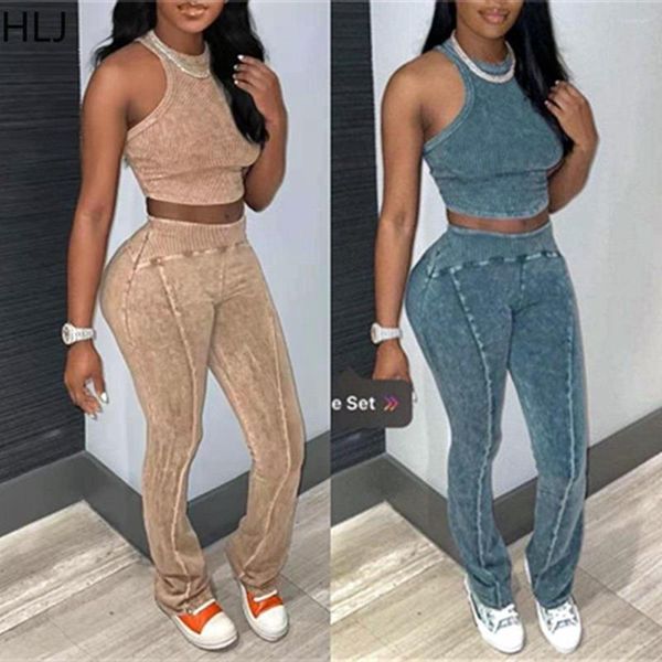 Pantalones de dos piezas para mujer HLJ Ribbing Mujeres Chándal Cuello redondo Color sólido Sin mangas Camiseta sin mangas y polainas Piezas de fitness Set Street