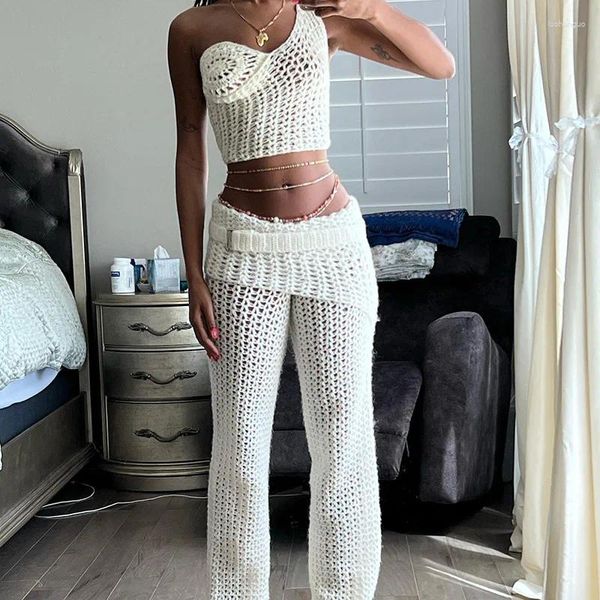 Pantalones de dos piezas para mujer Hollow Out Crochet Punto 2 Set Mujeres Sexy Un hombro Chalecos sin mangas Crop Top Recto Casual Trajes de calle