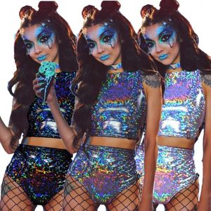 Tweede stuk broek voor dames Holographic Reflect Festival Rave Outfits Mouwloze tanktops Super shorts Pant Nightclub Carnival Party Dames 2 -delige sets 230522