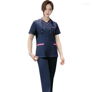 Pantalon deux pièces pour femme Hosptal Worker Wear Uniforme pour femme Col en V Gommage Costumes Costume bleu Design élégant