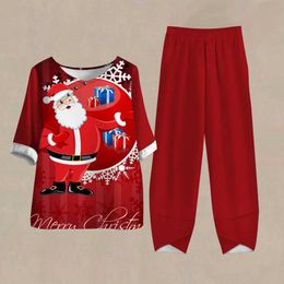 Pantalones de dos piezas para mujeres Venta caliente Conjunto de ropa de otoño para mujeres Santa Claus estampado 3D Set de dos piezas elegantes pantalones de cuello redondo trajes de camiseta femenina Y240426