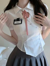 Tweedelige broek voor dames Houzhou sexy slanke shirt vrouwen witte uitgeholde Koreaanse mode blouse puff mouw solide preppy stijl jk school uniform onregelmatige 230224