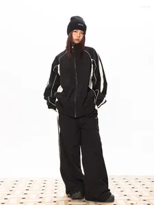 Pantalones de dos piezas para mujer Houzhou Vintage Y2K Conjunto negro Mujeres Joggers Sweetpants Techwear Hip Hop Chándal de gran tamaño Chaquetas con cremallera Harajuku