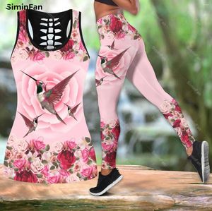 Dames tweedelige broek Kolibries Liefdesbloem 3D-geprinte tanktop Legging Dames Zomervest Broekpak Vrouwelijke combo-outfit Yoga Sportkleding