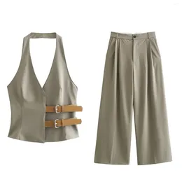 Pantalones de dos piezas para mujer ICCLEK 2024 cinturón ensamblado Halter Top chaleco traje pantalón conjuntos ropa coreana tienda oficial chándal