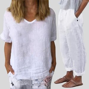 Dames Tweedelige broek Imitatiekatoen Linnen pak Voor pakken Trainingspak Korte mouw Shirt Set Vrouwelijk Informeel Elegant Dames 2 sets