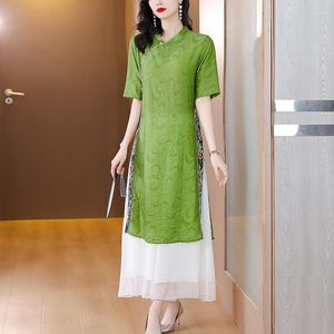 Tweedelige broek voor dames verbeterde Aodai Dress Women's Suit 2023 Summer Fashion korte mouw Qipao Tops en set Chinese outfit Z317