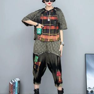 Pantalon de deux pièces pour femmes individualisés cool ulongus usé à plaid à capuche mince t-shirt à manches courtes Capris deux pièces Femmes 2024 Pantalon d'été