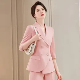 Pantalon de deux pièces pour femmes Izicfly Summer Style Professional Uniform Business Suits Slim Office Blazer Blazer Pant pour les femmes Work Wear Pink