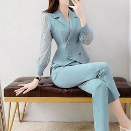 Vrouwen Tweedelige Broek Jas ForWomen Blazer Sets Elegante 2 Stuks Luxe Kant Hol Mouw Onderdelen Tailoring Koreaanse Kleding Anzug Damen
