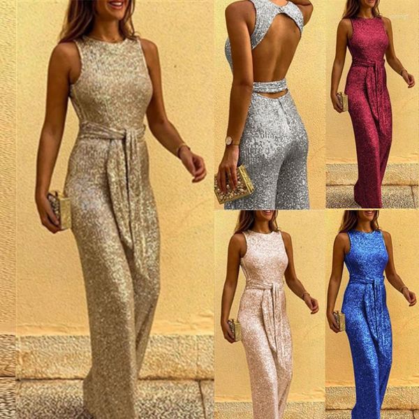 Pantalon deux pièces pour femmes combinaison femmes col rond sans manches personnalité paillettes argent point femme vêtements mode dos nu pleine longueur sexy