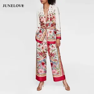 Dames Tweedelige Broek JuneLove Dames Herfst Lange Mouw Print Blazers Jassen Vintage Bloemen Vrouwelijke Pakken Casual Straat Kantoor Dame Sets