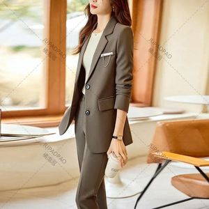 Pantalon de deux pièces pour femmes JUPAOPAO Vert Femmes Printemps Automne 2023 Design Casual Veste à manches longues Bureau Dames Manteau de travail Gris