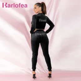 Pantalon deux pièces pour femmes Karlofea Velvet Activewear Veste courte longue 2 tenues d'hiver Diamante Strass Embelli Survêtement décontracté