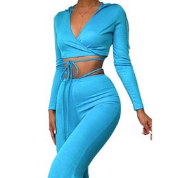 Pantalones de dos piezas para mujer Kayotuas Mujer 2 piezas Conjuntos de ropa deportiva Cuello con capucha Cordón azul Jersey corto Top Lápiz plisado Aire libre Athleti