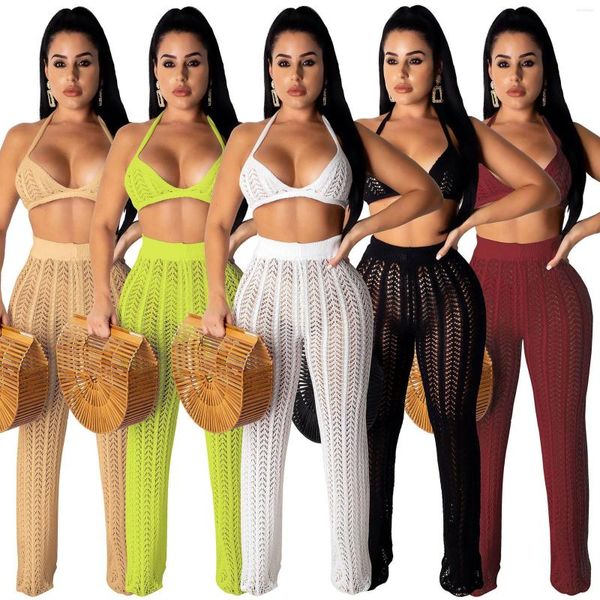 Pantalones de dos piezas para mujer, de punto, con cordones, trajes de club huecos, chándal para mujer, cuello halter, sujetador sin espalda, parte superior y pantalón acampanado transparente, conjunto