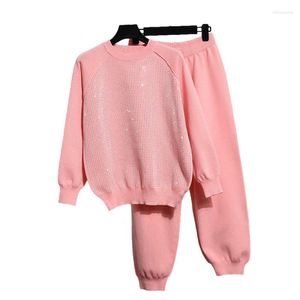 Pantalon de deux pièces pour femmes tenues tricotées femmes survêtements décontractés lâche mode rose diamants col rond pull pull crayon ensemble femme