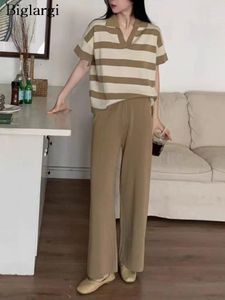 Pantalon de deux pièces pour femmes tricoté Summer 2 Set Femmes Striped Imprimé Fashion Casual Fashion Blouses Ligne Loose Femme plissée de style coréen