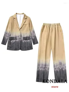 Pantalon de deux pièces pour femmes Kondala Casual Tie Dye Femmes Costume V Cou Poches à poitrine unique Blazer Droit Lâche Mode 2023 Bureau d'automne