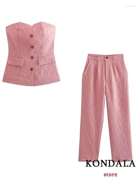 Pantalones de dos piezas para mujer KONDALA Office Lady Pink Lace Tube Trajes Mujeres Corsé Botones individuales Crop Tops Cintura alta Bolsillos de pierna ancha Pantalón