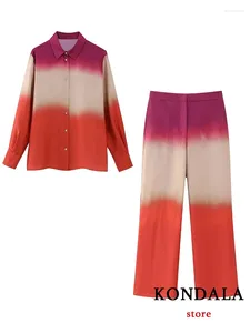 Pantalon de deux pièces pour femmes Kondala Vintage Red Tie Dye Costumes Femmes Manches longues Chemises lâches Taille haute Jambe large Mode 2024 Vacances d'été