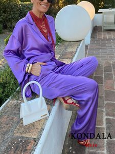 Pantalon de deux pièces pour femmes Kondala Vintage Solid Purple Surdimensionné Élégant Femmes Costume Ceinture Soie Slim Blouse Large Jambe Taille Élastique Longue Vacances