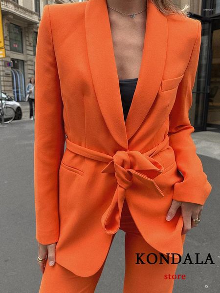 Pantalon deux pièces femme KONDALA Vintage solide Orange bureau dame mode 2023 printemps femmes costumes ceinture mince élégant Blazer Zip jambe large longue