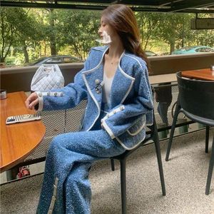 Twee stuk broek Korea Korea-broek Jacket voor dames Pakken Fashion Ladies Blue Rapel Coat Long Wide Leg tweedelige sets Vrouw