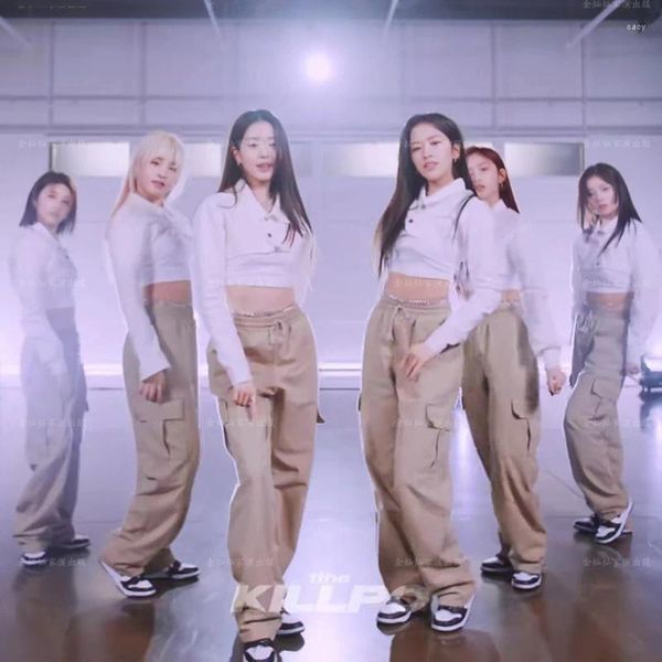 Pantalones de dos piezas para mujer Corea Grupo de mujeres Jazz Dance Blanco Slim Camiseta de manga larga Crop Top Top suelto Casual Cintura alta Pantalones de pierna ancha 2 Set