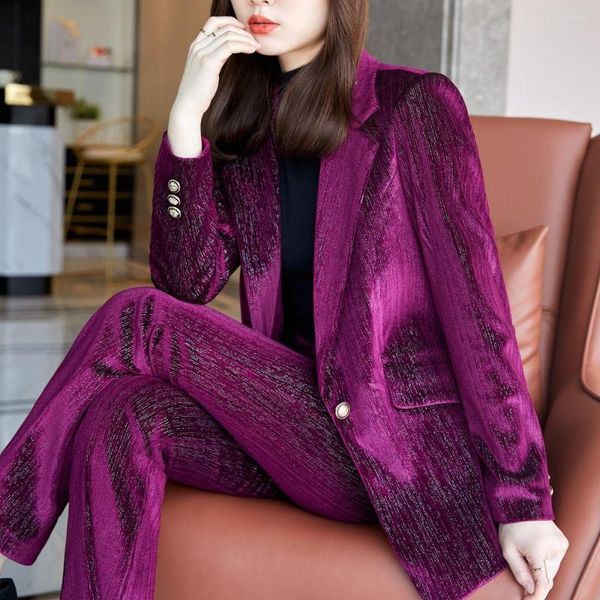 Pantalones de dos piezas para mujer, Blazer Formal de otoño coreano para mujer, chaqueta de terciopelo de alta calidad, trajes de negocios para mujer con conjuntos, ropa de trabajo, uniforme de oficina