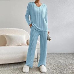 Pantalon de deux pièces pour femmes coréen décontracté tricoté 2 pièces ensemble automne hiver costume mode jambe droite pantalon lâche col en v pit stripe pullers tricot