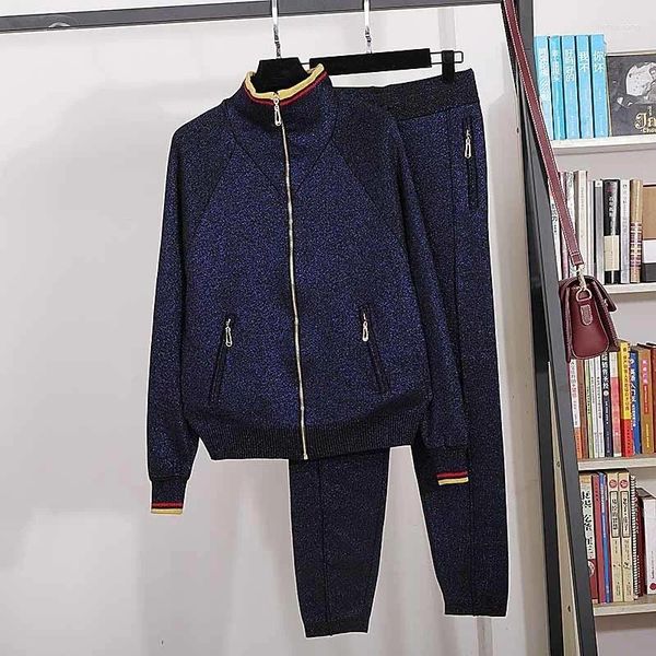 Pantalon de deux pièces pour femmes coréen bleu foncé brillant soie tricotée survêtements femmes tenues lâche col roulé cardigan pull crayon ensemble