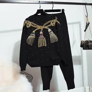 Pantalon de deux pièces pour femmes Mode coréenne Black Beading Knit Survêtements Set Femmes Lâche Casual Pull à manches longues Crayon Tenues Femme