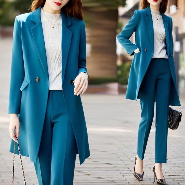 Pantalones de dos piezas para mujer Coreano de alta calidad Primavera Formal Damas Mujeres con conjuntos Ropa de trabajo Uniforme de oficina Chaqueta larga Chaqueta Gabardina