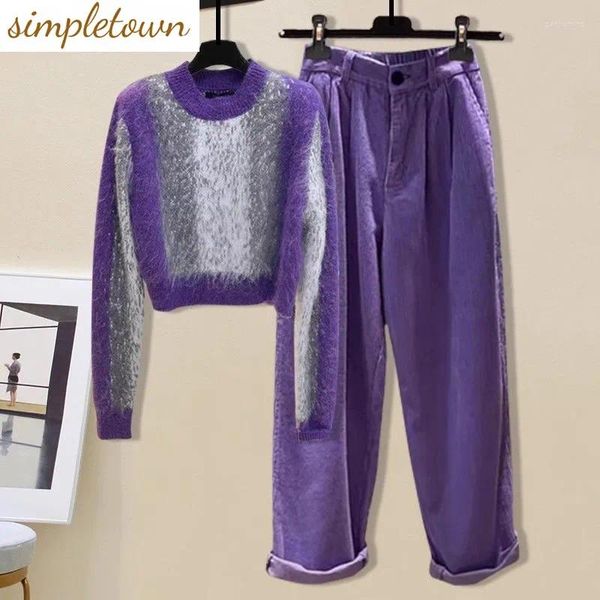 Pantalones de dos piezas para mujer, suéter de punto morado de estilo coreano, jersey informal Harun, conjunto elegante de calle