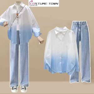 Dames tweedelige broek Koreaanse stijl gradiënt zonnebrandcrème chiffon shirt wijde pijpen jeans set elegante bibliotheek casual outfits kleding