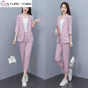 Pantalon deux pièces de Style coréen pour femmes, veste fine, Blazer décontracté, crayon, ensemble élégant, tenues de bureau d'été