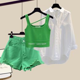 Tweedelige damesbroek Koreaanse zomer casual set Groene broek met wijde pijpen Wit overhemd Jarretelvest Drie vrouwelijk trainingspak Blous 221130