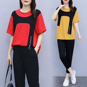 Pantalon deux pièces femme coréen été fermeture éclair contraste survêtement 2 pièces ensemble femmes manches courtes femme rouge t-shirt hauts costume décontracté