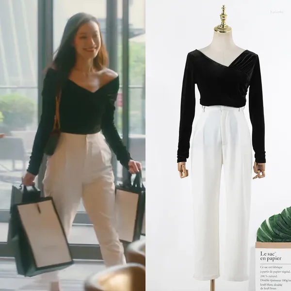 Pantalones de dos piezas para mujer KPOP Cantantes coreanos Negro Sexy con cuello en V Sin tirantes Slim Camiseta de manga completa Tops Blanco Conjunto de mujer recta de cintura alta