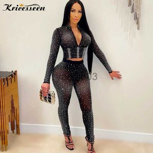 Pantalon deux pièces pour femmes Kricesseen Sexy Black Diamond Crystal Pant Set Femmes Manches longues Zipper Top et voir à travers un pantalon Costume Party Club Matching Set J230607