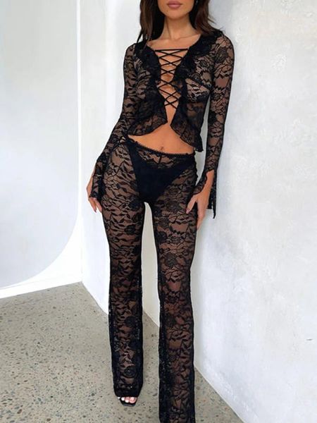 Pantalon de deux pièces pour femmes Combinaison en maille de dentelle Femmes à manches longues Bandage Crop Top avec taille élastique Sexy Rave Festival Nightclub Outfit