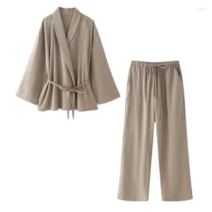 Twee -delige broek van dames veterpyjama -stijlsets voor dames 2 stuks mode kimono bovenste pak set outfit