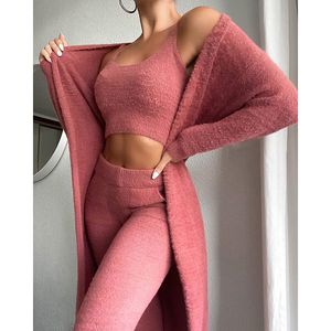 Dames tweedelige broek dames herfst winter zacht pluizig drie sets sexy off-shoulder crop tops en lange homesuit casual 3 pak 221231