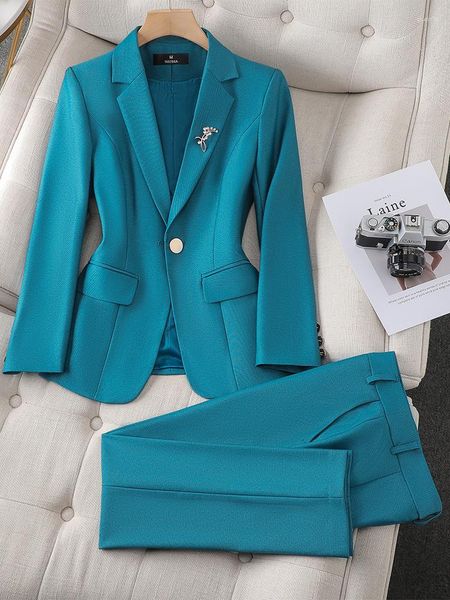 Pantalones de dos piezas para mujer, chaqueta y pantalón para mujer, verde, morado, azul, negro, chaqueta Formal sólida, pantalón, ropa de trabajo de negocios para mujer 2