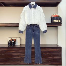 Vrouwen Tweedelige Broek Dames Elegante Jean Set 2021 Mode Revers Kant Denim Stiksels Verstoorde Shirt Top + Blauw Broekpak Plus Size Vrouwen