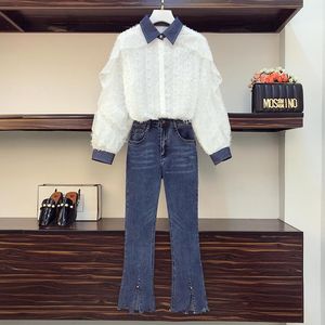 Femmes deux pièces pantalons dames élégant Jean ensemble 2021 mode revers dentelle Denim couture à volants petit haut + pantalon bleu costume grande taille femmes