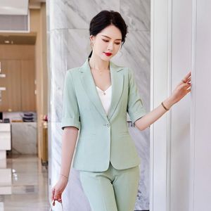 Pantalones de dos piezas para mujer Blazer verde claro para mujer Trajes de negocios para mujer Conjuntos de pantalón y chaqueta Trajes de pantalón de estilo uniforme de oficina de trabajo de media manga W