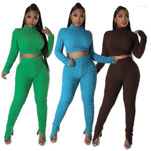 Dames tweedelige broek dames massief kleuren bubbel plaid lange mouw coltrui turtleneck t-shirt match elastische leggings winter outdoor eenvoudige forens